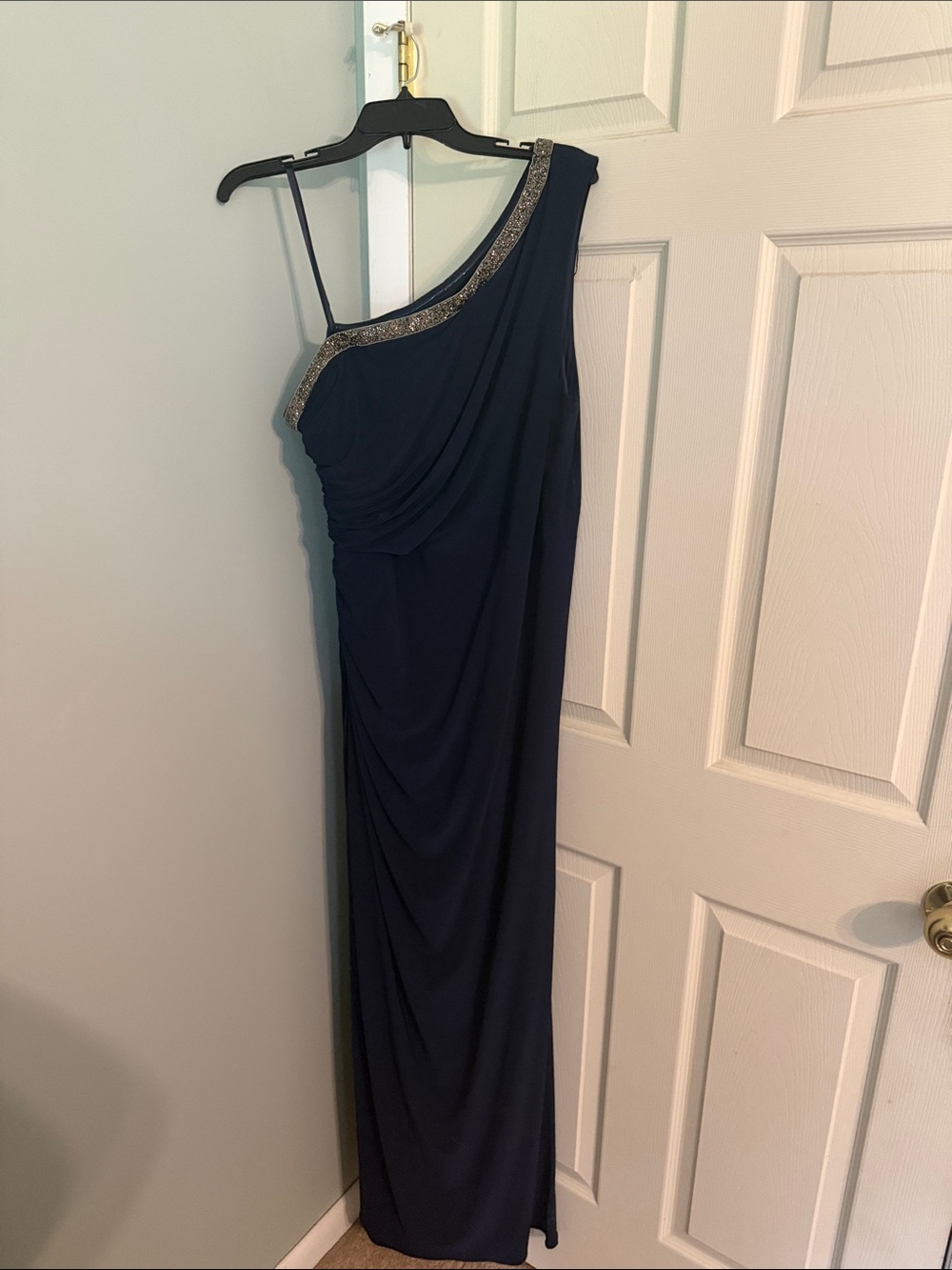 Adrianna Papell Navy One-Shoulder Evening Gown with Beaded Trim